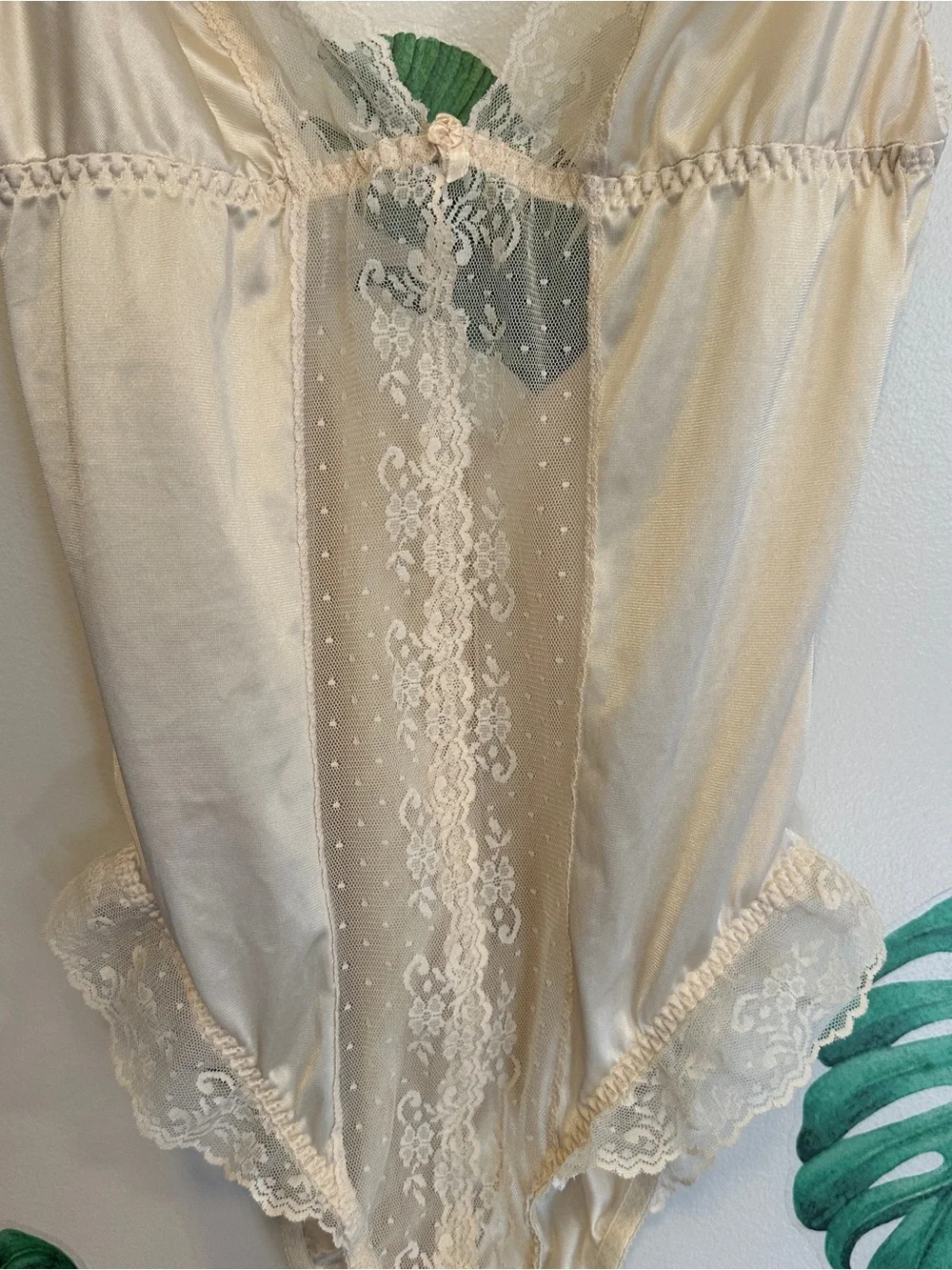 Vintage Ivory Lace Trim Satin Teddy Bodysuit - Women Intimates - Picture 2 of 5